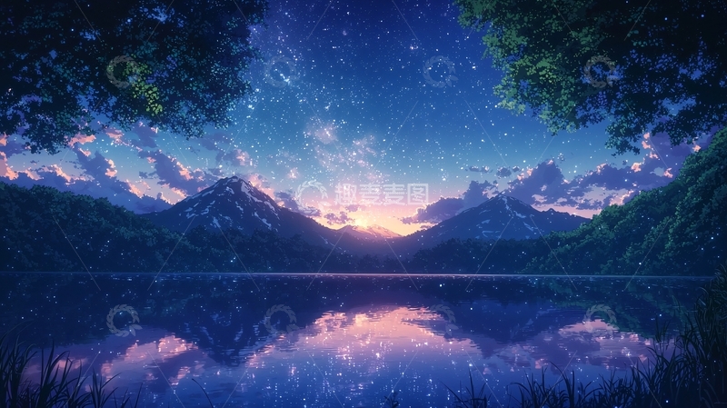 高清大图下载【趣麦麦图】星空下的湖泊山峦