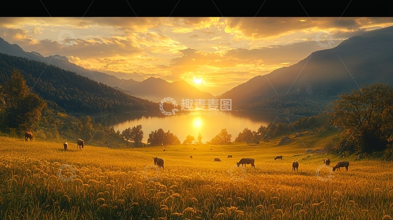 高清大图下载【趣麦麦图】夕阳西下草原牧场
