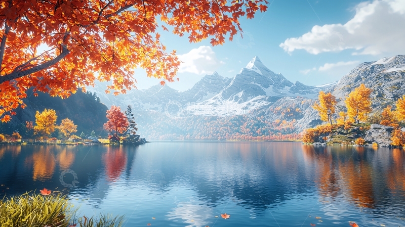 高清大图下载【趣麦麦图】秋日湖泊山脉雪景