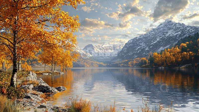 高清大图下载【趣麦麦图】秋日湖边金黄树木