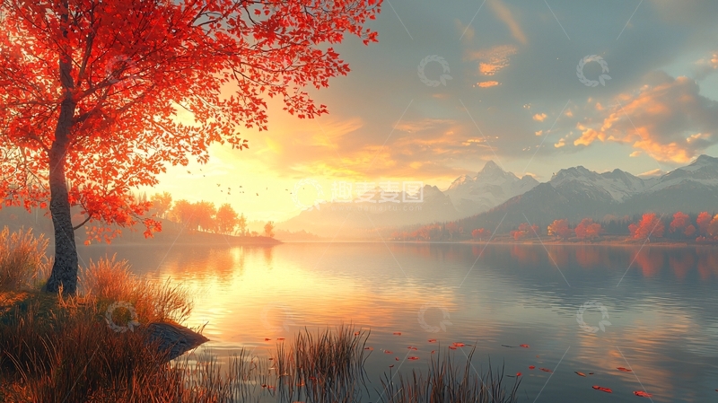 高清大图下载【趣麦麦图】秋日红枫湖光山色