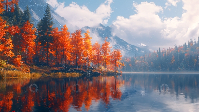 高清大图下载【趣麦麦图】秋日湖边枫树