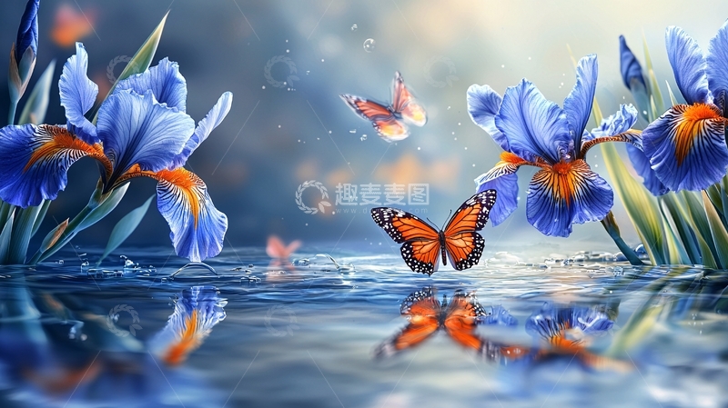 蓝色鸢尾花和蝴蝶