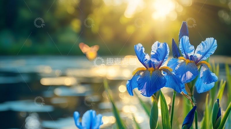 蓝蝴蝶鸢尾花日出景色