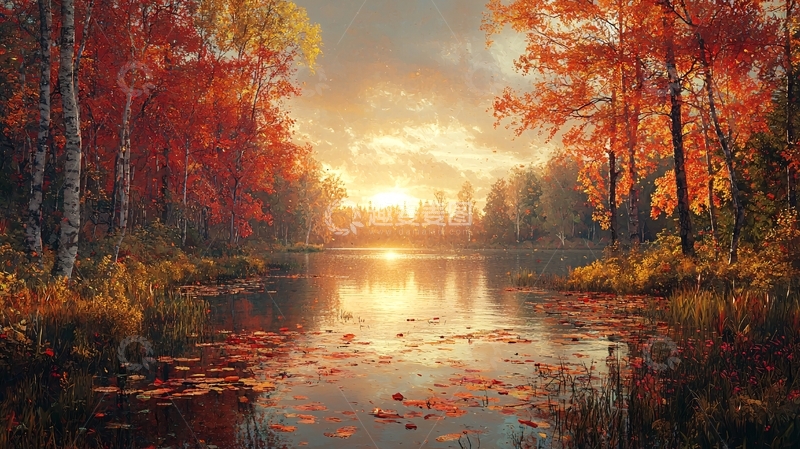 高清大图下载【趣麦麦图】秋日落日湖边森林