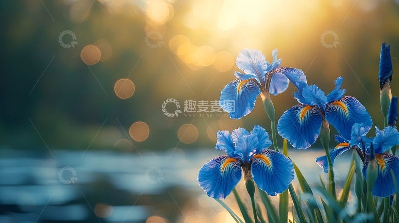 蓝紫色鸢尾花日落背景