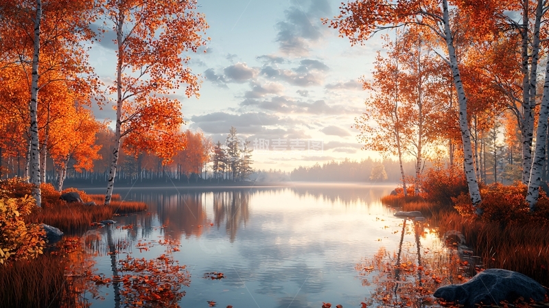 高清大图下载【趣麦麦图】秋日湖边白桦林
