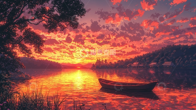 高清大图下载【趣麦麦图】湖边日落小船