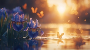 夕阳下湖边鸢尾花与蝴蝶