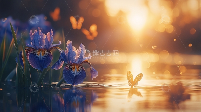 夕阳下湖边鸢尾花与蝴蝶