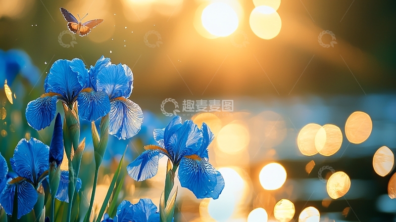 蓝蝴蝶飞舞鸢尾花田