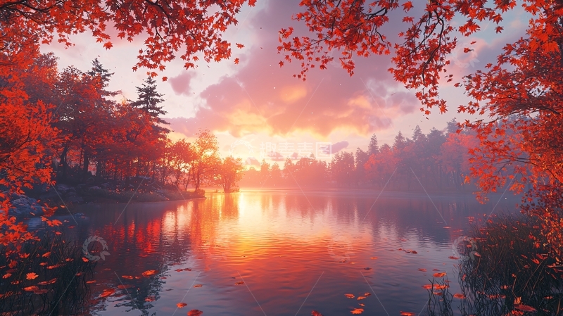 高清大图下载【趣麦麦图】秋日湖泊落日余晖