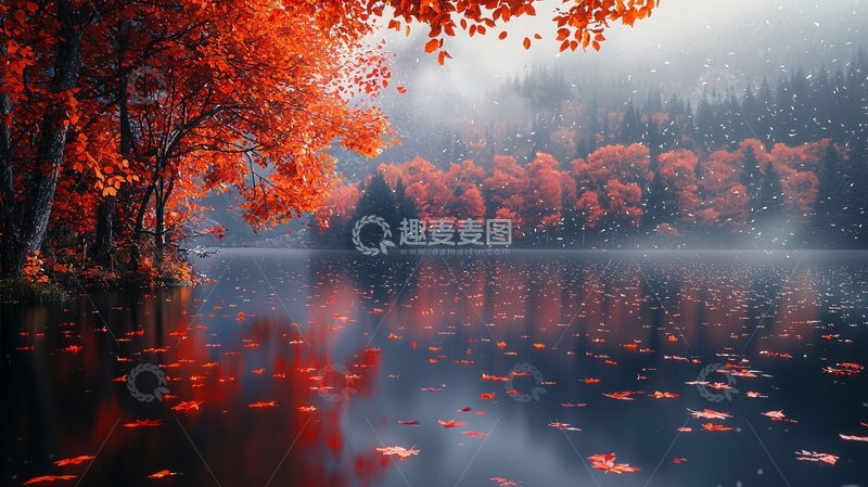 高清大图下载【趣麦麦图】秋日红叶湖景