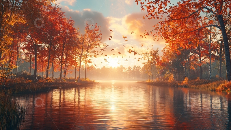 高清大图下载【趣麦麦图】秋日落日湖边红叶