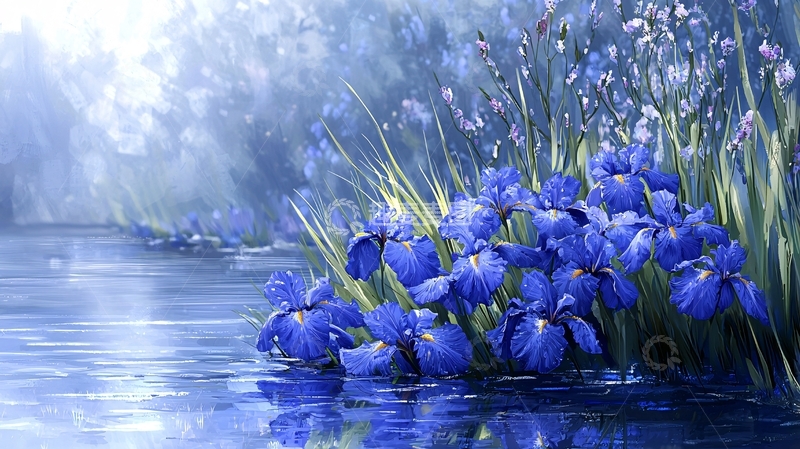 蓝紫鸢尾花水边意境图
