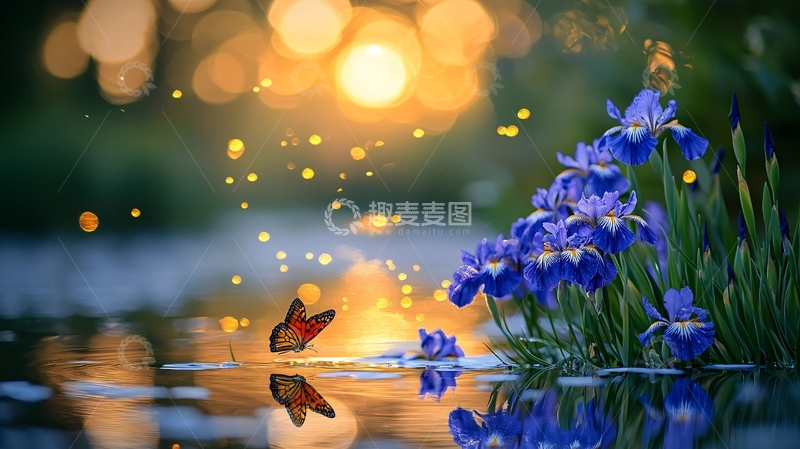 夕阳下的蝴蝶与鸢尾花