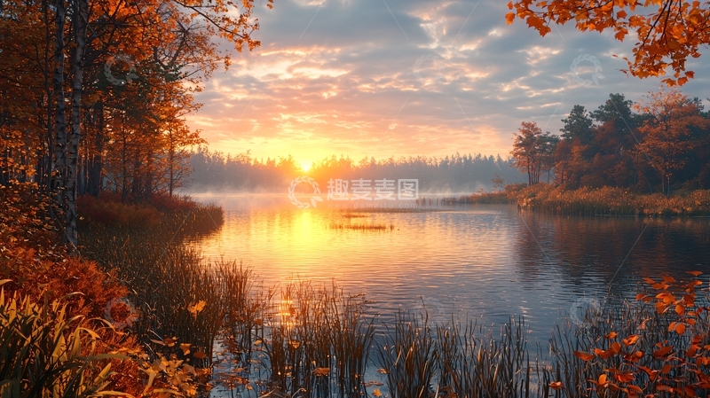 高清大图下载【趣麦麦图】秋日清晨湖边日出
