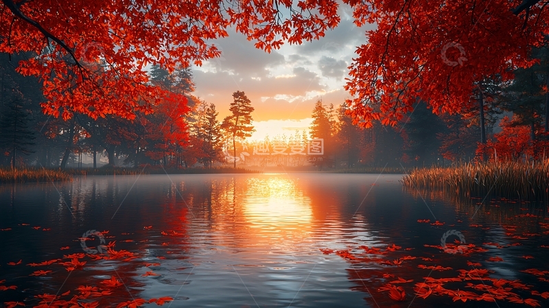 高清大图下载【趣麦麦图】秋日红叶湖泊日落
