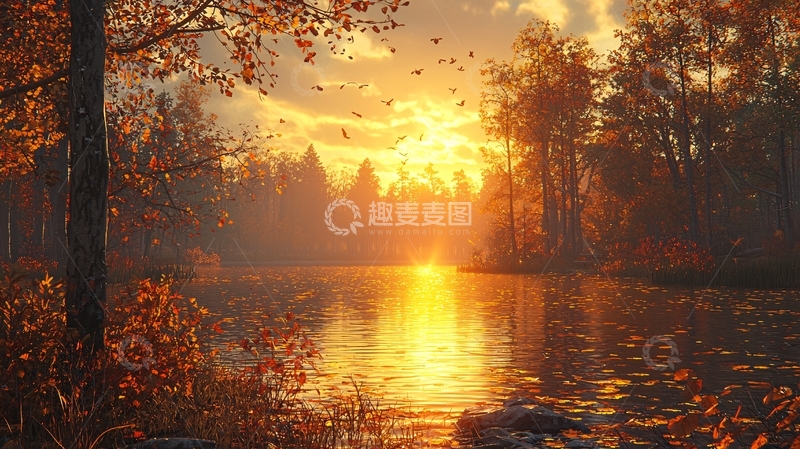 高清大图下载【趣麦麦图】秋日落日湖边树林
