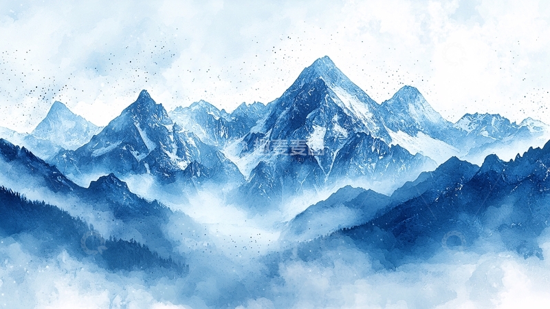 高清大图下载【趣麦麦图】水墨蓝调雪山风景画