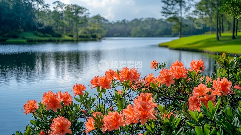 高清大图下载【趣麦麦图】湖边盛开的杜鹃花