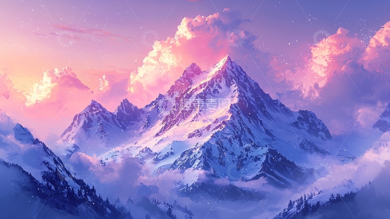 高清大图下载【趣麦麦图】粉色云朵下的雪山