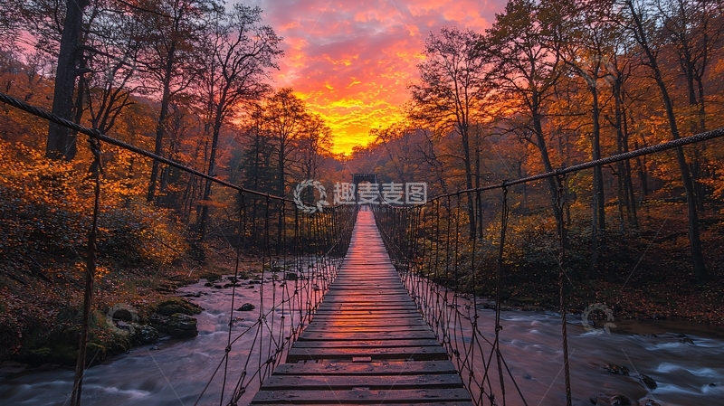 高清大图下载【趣麦麦图】秋日森林吊桥日落