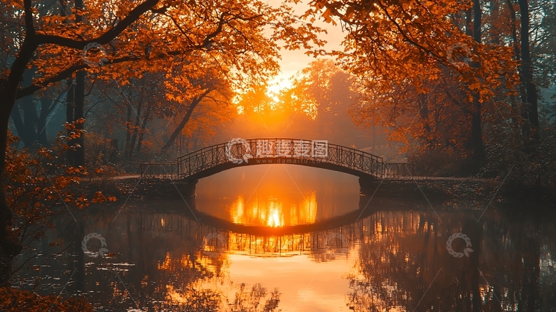 高清大图下载【趣麦麦图】秋日清晨雾气小桥