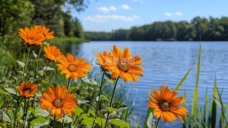高清大图下载【趣麦麦图】橙色花朵湖边景色
