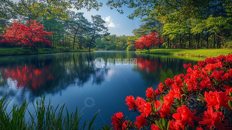 高清大图下载【趣麦麦图】红花绿树平静湖面