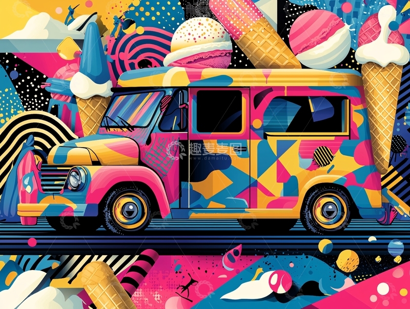 高清大图下载【趣麦麦图】彩色冰淇淋复古小货车