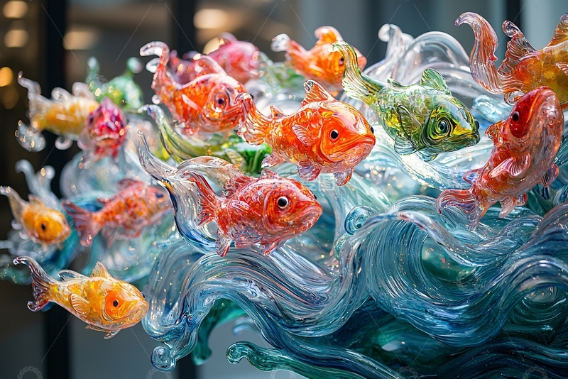 高清大图下载【趣麦麦图】彩色玻璃鱼群雕塑