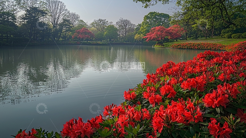 高清大图下载【趣麦麦图】清晨湖边红杜鹃