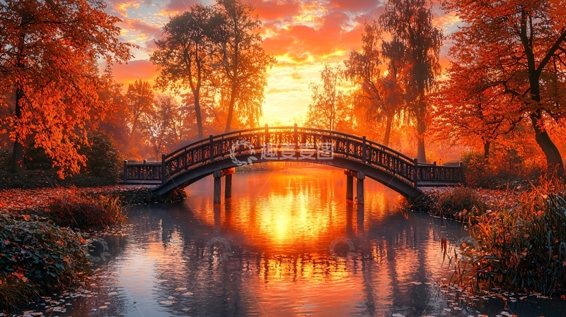 高清大图下载【趣麦麦图】秋日暖阳下的木桥倒影