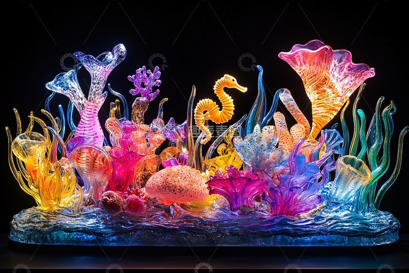 高清大图下载【趣麦麦图】彩色玻璃海马珊瑚礁