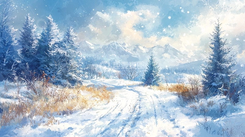 高清大图下载【趣麦麦图】冬日雪景山路风景画