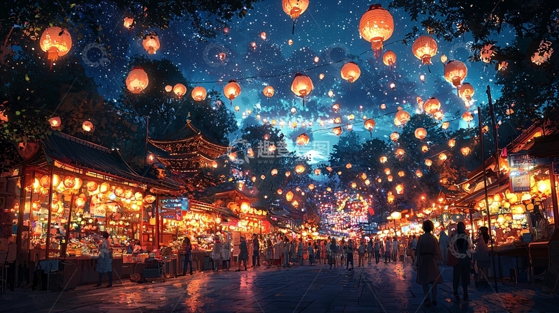 高清大图下载【趣麦麦图】夜空飞舞的灯笼和热闹的街道