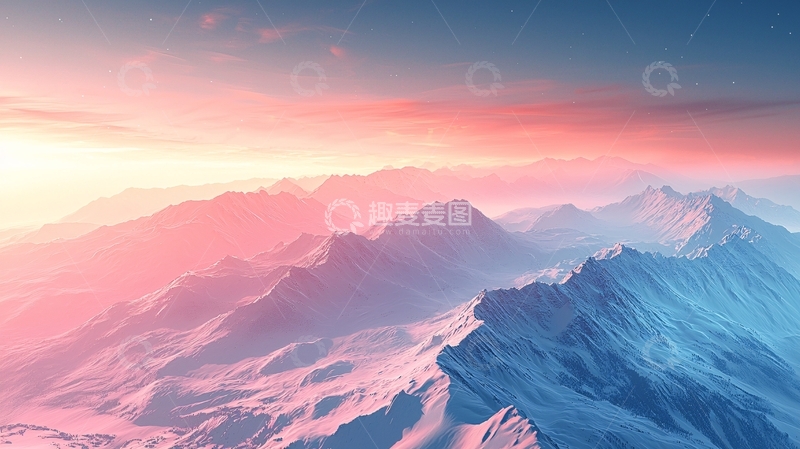 高清大图下载【趣麦麦图】梦幻粉色蓝色山脉日落