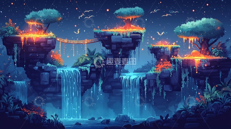 高清大图下载【趣麦麦图】梦幻悬浮岛屿瀑布夜景