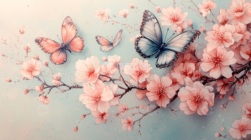 高清大图下载【趣麦麦图】粉色蝴蝶樱花水彩画