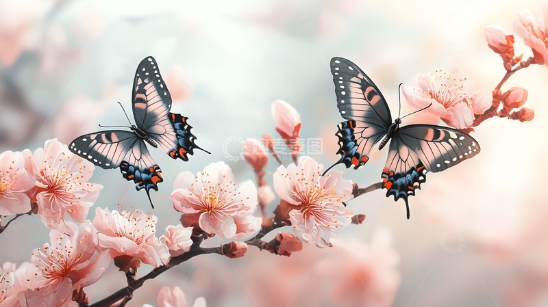 高清大图下载【趣麦麦图】粉红桃花枝头蝴蝶