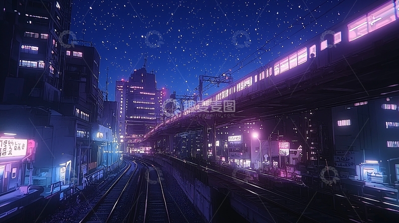 高清大图下载【趣麦麦图】星空下的霓虹都市夜景