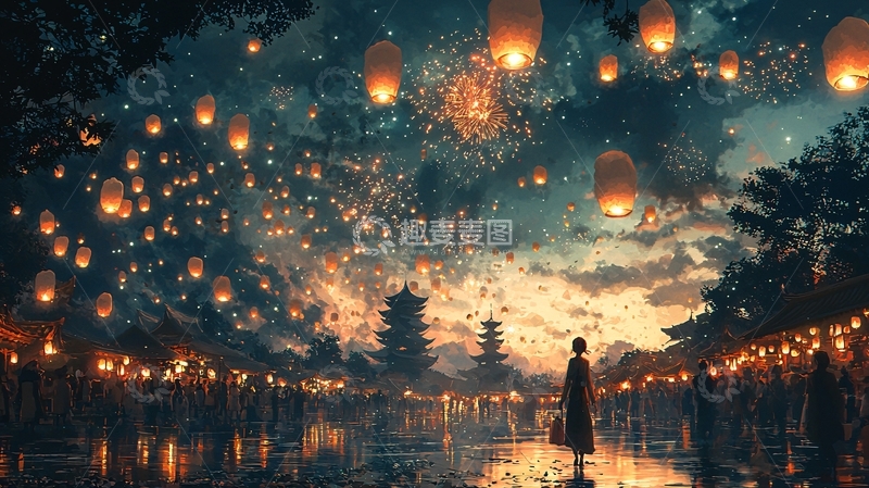 高清大图下载【趣麦麦图】梦幻般的天灯夜景