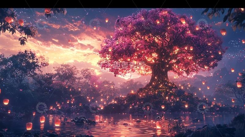 高清大图下载【趣麦麦图】梦幻星空下的粉色巨树