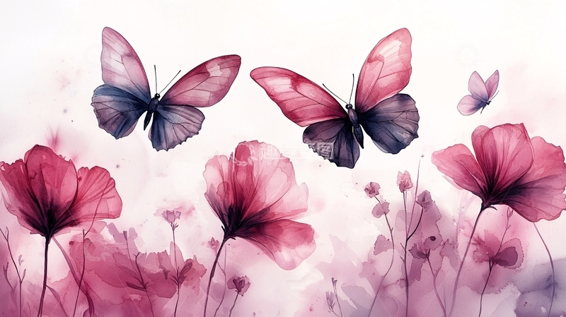 高清大图下载【趣麦麦图】粉色蝴蝶花卉水彩画