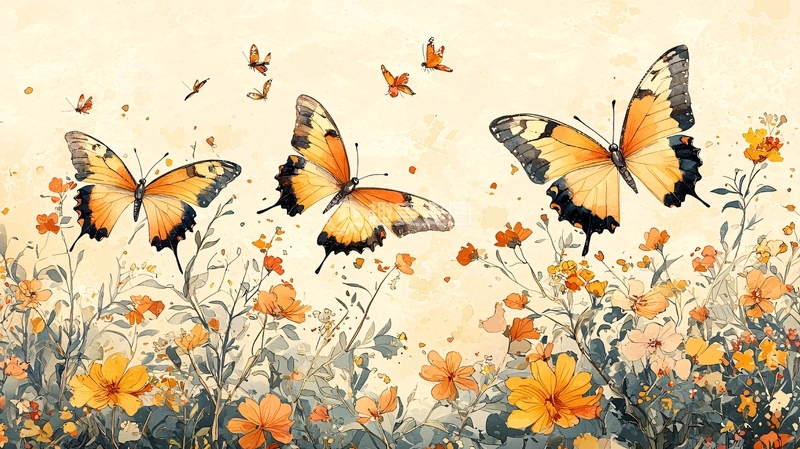 高清大图下载【趣麦麦图】水彩蝴蝶花卉