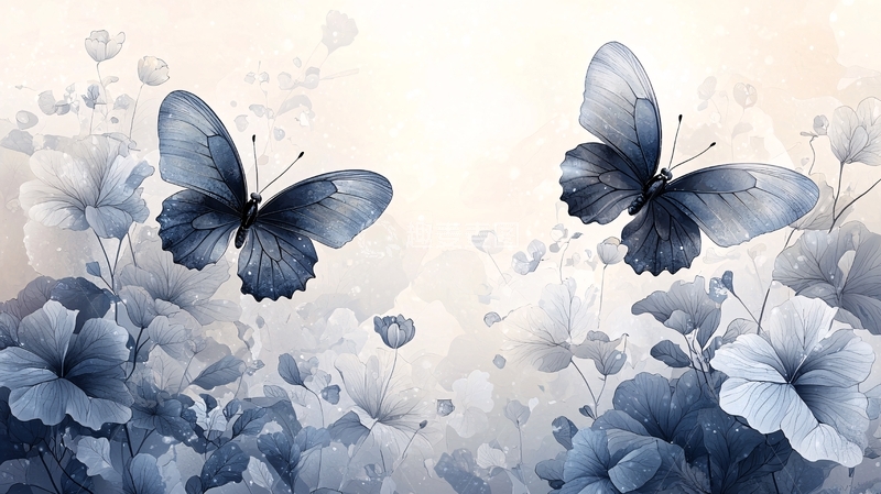 高清大图下载【趣麦麦图】蓝灰色花丛中飞舞的蝴蝶