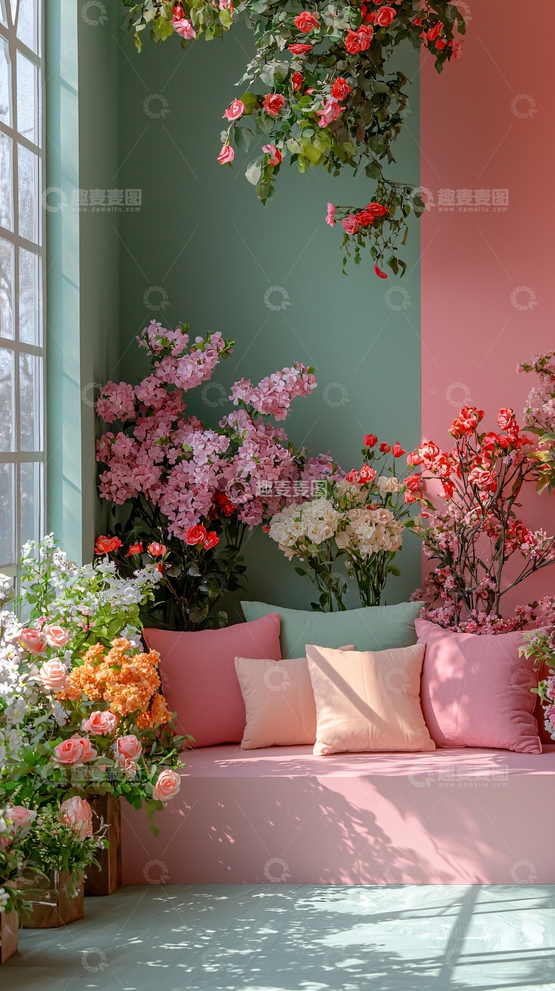高清大图下载【趣麦麦图】粉色系花朵装饰窗边长椅