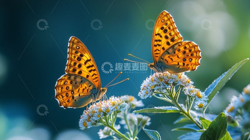 高清大图下载【趣麦麦图】两只橙色蝴蝶停在小白花上