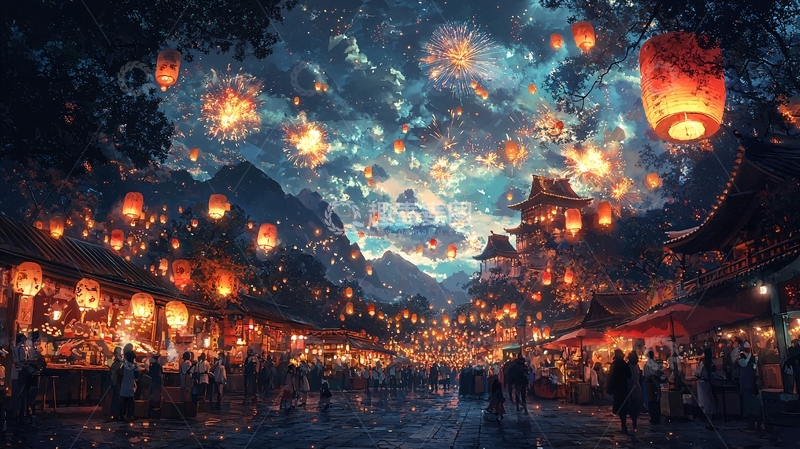高清大图下载【趣麦麦图】梦幻般的天灯夜景